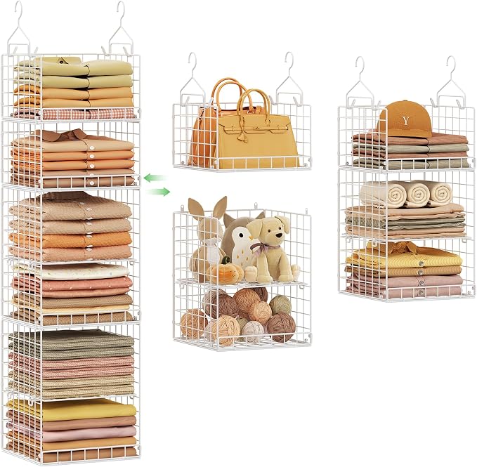 6 Tier Hanging Closet Organizers and Storage, 4 Hooks 2 Adjustable Dividers | Stackable Hanging Closet Shelves, Wire Storage Basket Bins for Clothing Purse Sweaters Shoes Socks Dolls, Foldable by Yuyetuyo