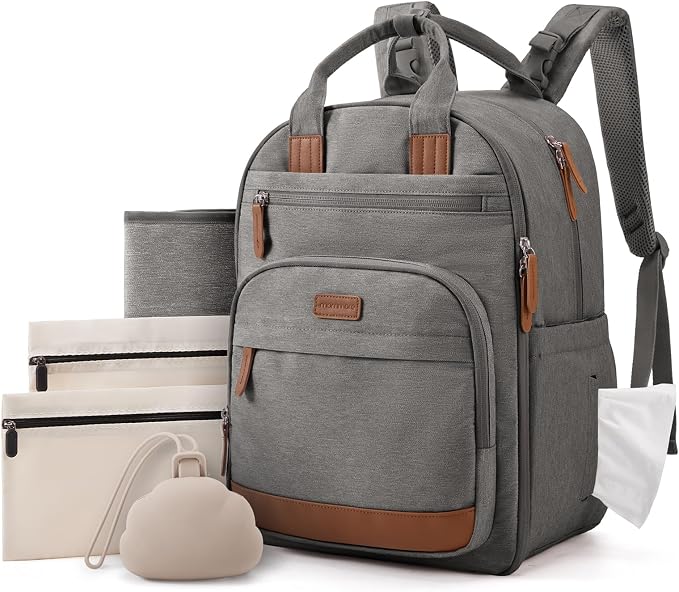 mommore Baby Diaper Bag with Waterproof Changing Pad, Dark Gray | Backpack Bottle Holders Insulated & Pacifier Case, 2 Organizer Pouches by mommore