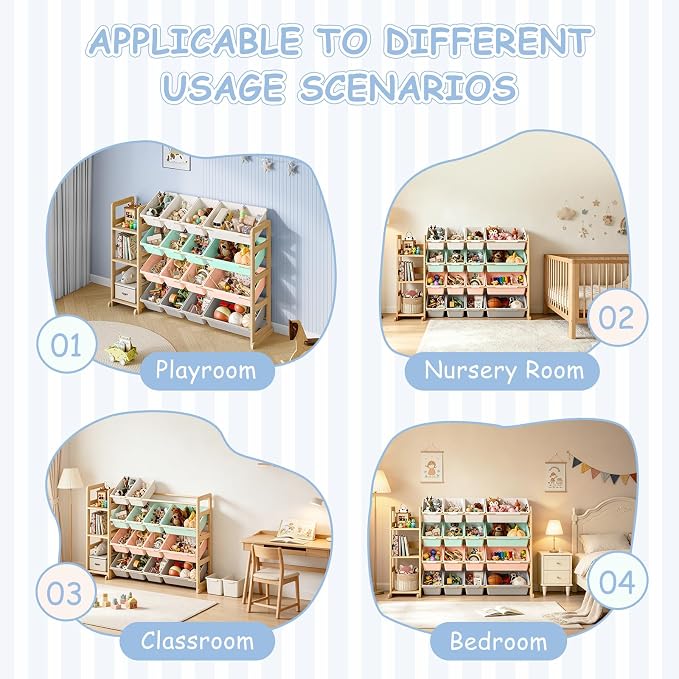 EXPERLAM Toy Storage Organizer, Toy Storage Shelf with 3 Shelves and 16 Storage Bins (12 Small + 4 Large), 3-in-1 Kids Bookshelf for Kids Rooms, Playroom, Nursery, Multi - Image 9