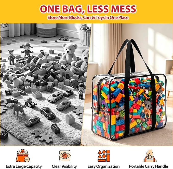 2 Pack Extra Large Clear Toy Storage Bags, 14x18x7 in, Black | Thick PVC Organizer Bags, with Zipper Handles, Ideal for Blocks, Puzzles, Stuffed Animals and Playroom Organization - Image 4
