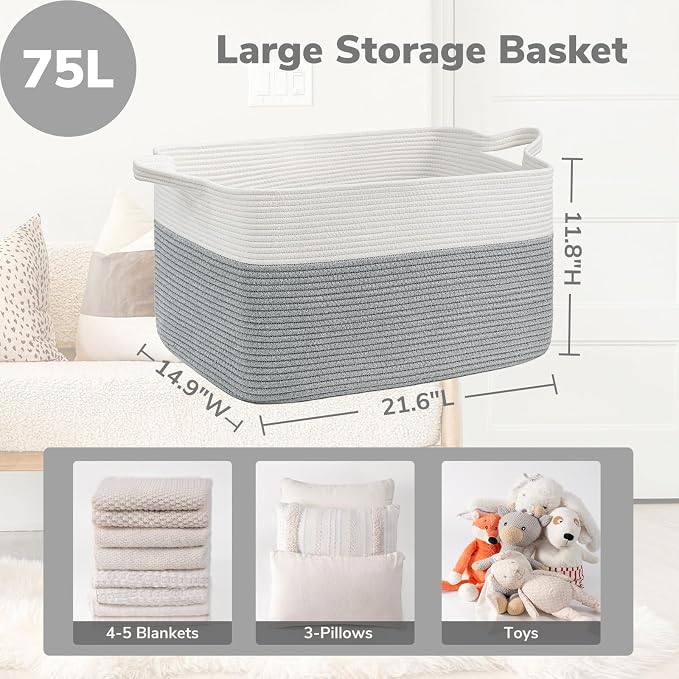 Goodpick Large Woven Rope Blanket Basket, Rectangle, White Gray | 21.6'' x 14.9'' x 11.8'' Storage Basket for Toys, Blankets & Clothes, Nursery & Bedroom Organization, Reinforced Handles - Image 3