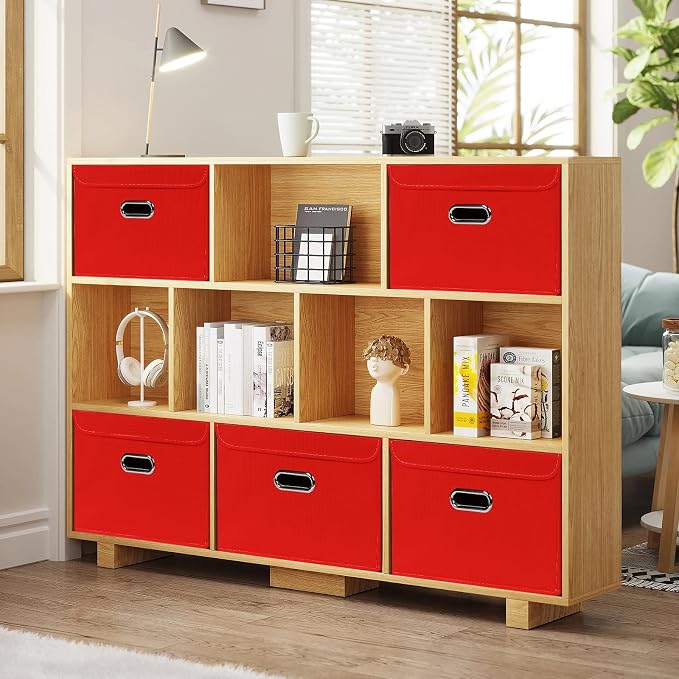 Linen Fabric Foldable Collapsible Storage Cube Bin Organizer Basket Fabric Storage Bins with Lid, Leather Handles, Removable Divider for Home, Closet, Red 3Pcs - Image 5