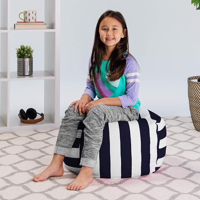 Posh Stuffable Kids Stuffed Animal Storage Bean Bag Chair Cover - Childrens Toy Organizer, Medium 27" - Canvas Stripes Blue and White - Image 4