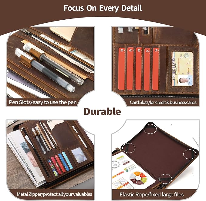 Genuine Leather Portfolio Organizer for Men Women with Handle, Full Grain Leather Padfolio Folder with Zipper Business Resume Portfolio for 12.9" iPad, Brown, RS118 - Image 4