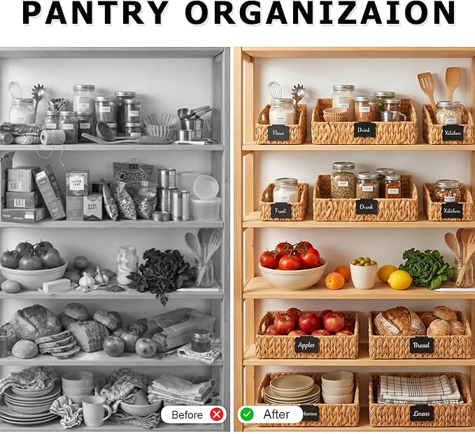 Wicker Baskets for Organizing, Pantry Baskets with Built-in Handles, Handwoven Labeled Wicker Storage Basket, Water Hyacinth Storage Bins for Shelves, 3 Pack, Natural - 2 Set - Image 6