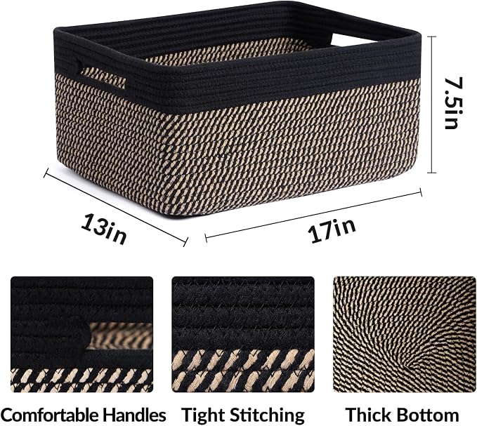 MiniArk Large Storage Baskets for Shelves, 17 x 13 x 7.5” Closet Organizers Bins for Clothes Blanket Towels, Baby Nursery, Toy Baskets Box, Woven Rope Baskets, 3 Packs Woven Brown - Image 2