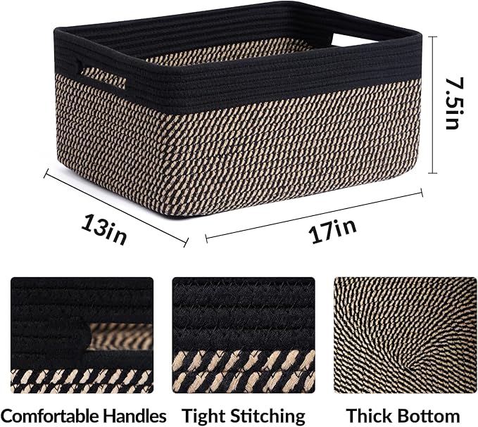 MiniArk Large Storage Baskets for Shelves, 17 x 13 x 7.5” Closet Organizers Bins for Clothes Blanket Towels, Baby Nursery, Toy Baskets Box, Woven Rope Baskets, 2 Packs Woven Brown - Image 2