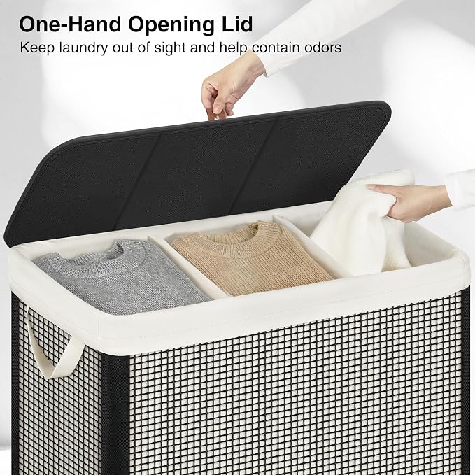 STO STO 3 Section Laundry Hamper with Lid, 180L Steel-Frame 3 Compartment Laundry Sorter with Removable Washable Liner, Breathable Large Laundry Basket for Bedroom, Bathroom, Laundry Room, Dorm - Image 7