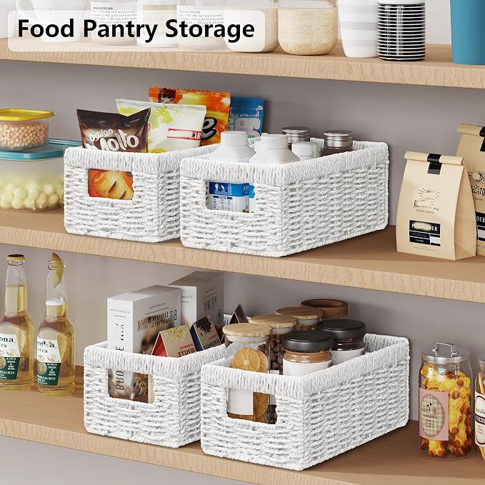 Wicker Storage Basket, Set of 2 Hand Woven Wicker Baskets for Organizing with Handles, Decorative Small Storage Bins for Countertop Toilet Paper Basket for Toilet Tank Top Shelves, White - Image 5
