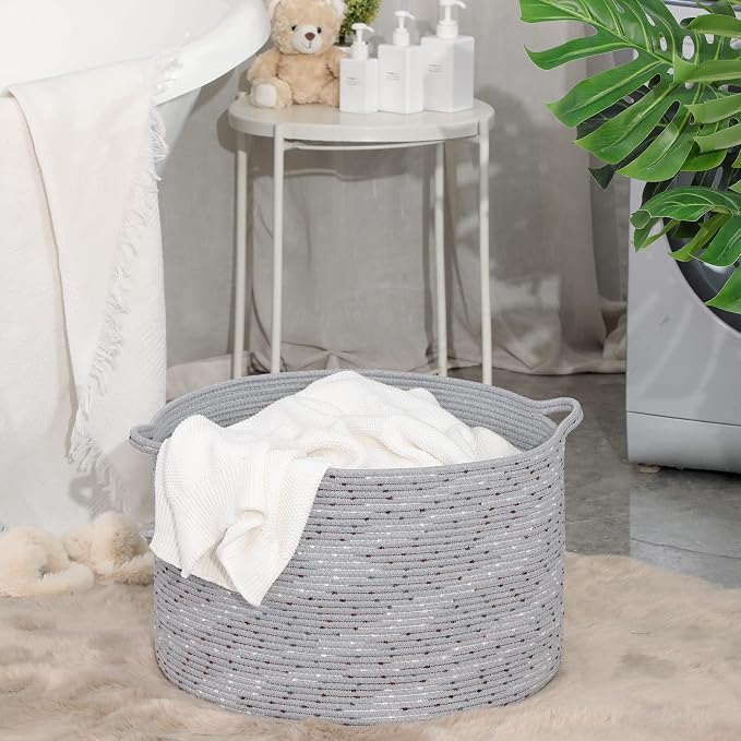 KAKAMAY Large Blanket Basket (20"x13"),Woven Baskets for storage Baby Laundry Hamper, Cotton Rope Blanket Basket for Living Room, Laundry, Nursery, Pillows, Grey with Blue & Brown Dotted | Extra Large Capacity | Natural Cotton Rope | Blanket Storage | ... - Image 7