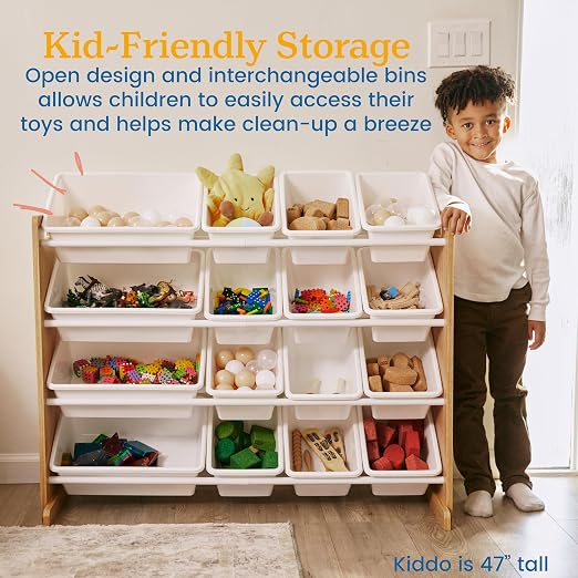 ECR4Kids 4-Tier Organizer with 16 Bins, Toy Storage, Dark Natural/White | Durable plastic bins, MDF panels, steel frame, GREENGUARD Gold Certified, 60 lb capacity, anti-tip kit, playroom/classroom - Image 5