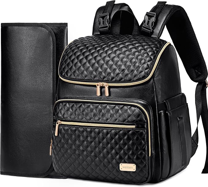 Diaper Bag Backpack Leather Baby Diaper Bag with Changing Pad Travel Diaper Backpack,Baby Bag for Mom,Stroller Straps,5 Insulated Pockets (Black Leather) by Weitars