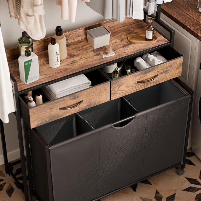 Mondeer 150L Laundry Sorter with Hanging Rack, 3 Compartments, 2 Drawers | Shelf, Wheels, Pull-Out Laundry Hamper for Bathroom Bedroom, Rustic Brown and Black - Image 4