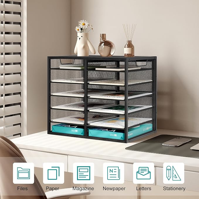 TQVAI 12 Compartments Desktop Literature Organizer, Metal Frame Paper Sorter with Handles, Adjustable Mailbox for Classroom and Office, Desk File Organizer for Document, Bill, Magazine, Black - Image 3