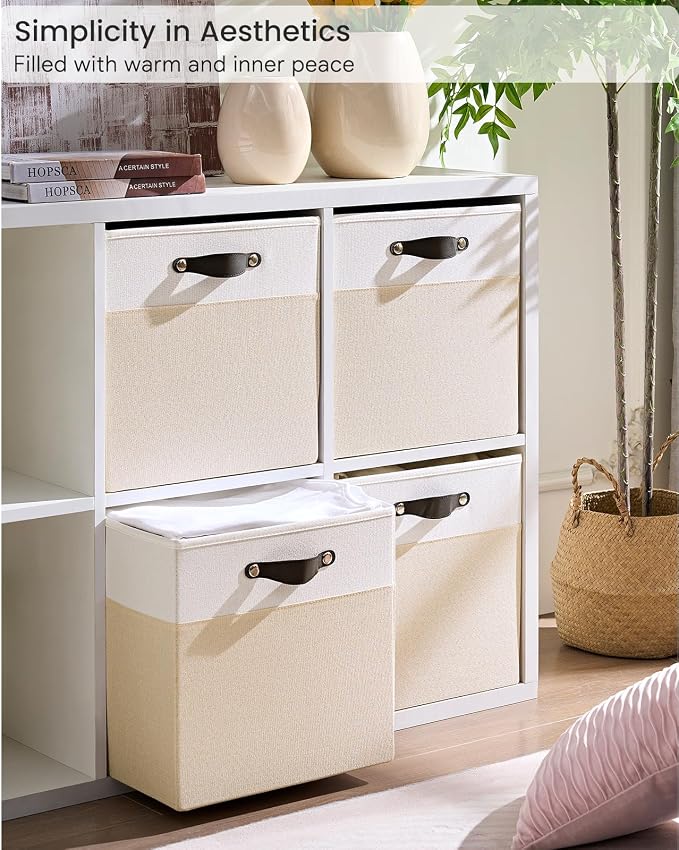 Cube Storage Bins | 13"x13"x13", Beige & White, 6 Pack | Multi-Size | 2X Thick Support Board | Vegan Leather Handles | 7.7 oz/yd² Fabric | 13"x13" Drawer Insert Basket - Image 2