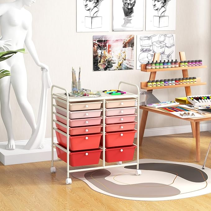 12 Drawer Rolling Storage Cart, Craft Cart Organizer on Wheels w/Metal Frame, Large Capacity & Smooth Drawer, Rolling Cart w/Drawers for Classroom, Office - Image 2