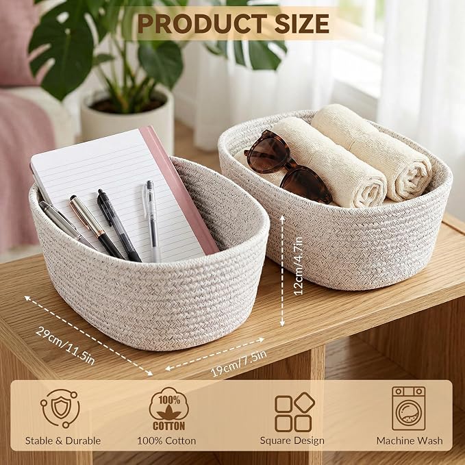 10 Pack Khaki Small Woven Baskets for Organizing, 12"x8"x5" Cotton Rope Storage Bins with Handle, Empty Gift Basket Kit for Baby Shower, Nursery, Shelf, Bathroom & Closet Organizing - Image 2