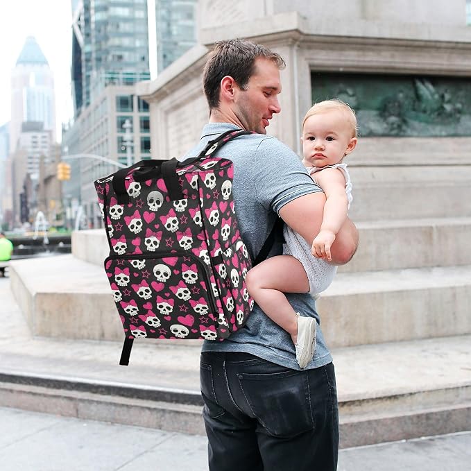 MNSRUU Diaper Bag Pink Hearts and Skulls Diaper Bag Backpack Multifunction Travel Diaper Bag Tote Large Capacity Diaper Changing Backpacks for Moms Dads - Image 7