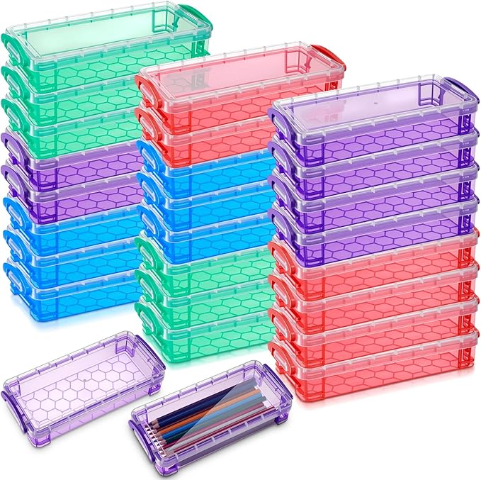 Gueevin 24 Pcs Large Capacity Plastic Pencil Box Clear Plastic Pencil Case Crayon Box with Snap Tight Lid Watercolor Pen Storage Brush Organizer Drawing Tools Container (Dark) by Gueevin