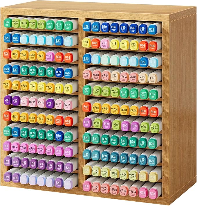 YMYNY Wooden Marker Organizer,Natural Wood Color11.81*5.31*11.81"HMR001N | Desktop Storage Hold 176 Markers,Pens,Pencils,Art Brushes Stationary Organizer Pencil Holder with 22 Compartments for Home by High-qualityhomefurnishing