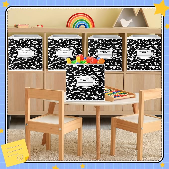 Demonwer 6 Pcs 11 Inch Fabric Storage Bins Notebook Themed Cubby Basket Bins with Handles Notebook Storage Containers for Back to School Decorations Office Home Organizer Supplies - Image 5