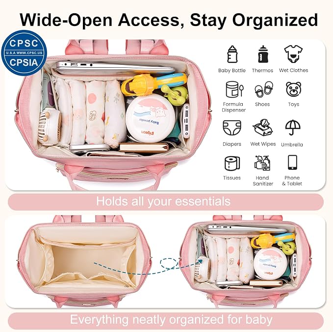 Diaper Bag Backpack Travel Diaper Backpack, Large Baby Diaper Bag with Changing Pad Baby Bag for Boys Girls, Insulated Pockets, Waterproof Baby Backpack for Mom & Maternity (Pink) - Image 3