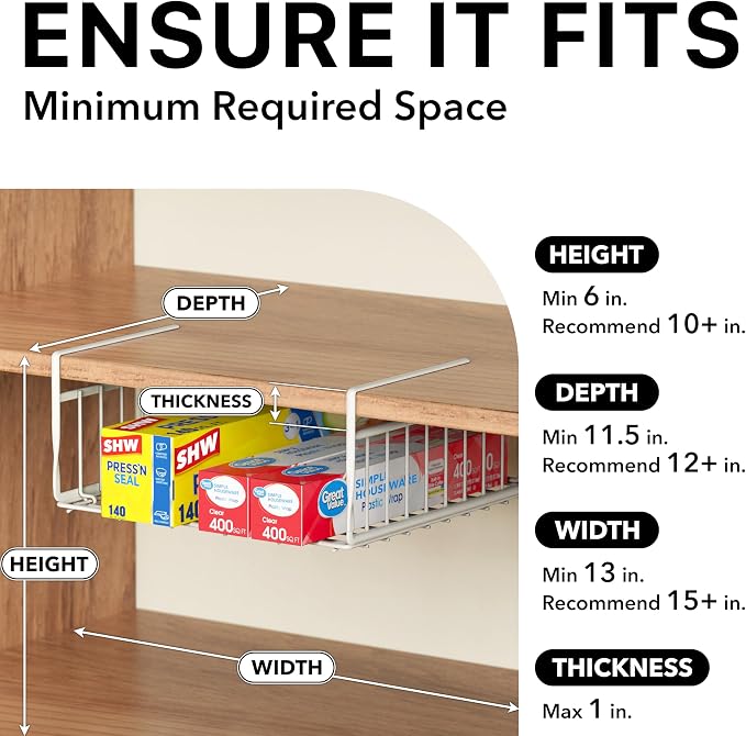 Simple Houseware 2-Pack Under Shelf Wire Metal Basket Shelf, White | Space-Saving Storage Organizer for Kitchen, Pantry, Closet, Office, No Tools Required - Image 3