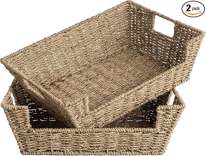 StorageWorks Pantry Baskets for Organizing, Woven Baskets, Seagrass | Pantry Baskets for Patato and Onion Storage, Stackable Wicker Basket Organizer for Shelf, Woven Basket for Storage, 2-Pack by StorageWorks