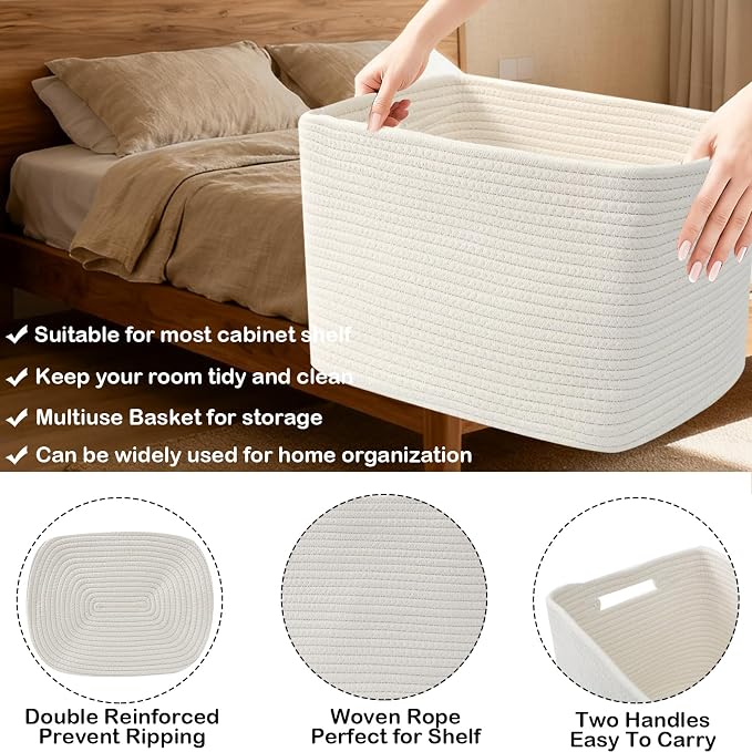 3 Pack Woven Baskets,Storage Baskets for Shelves with Handles | 13.5"×11"×9.5",Closet Baskets,Gift Basket,Nursery Organizer for Toys Towels Books,Storage Bin for Living Room Bedroom-White - Image 3