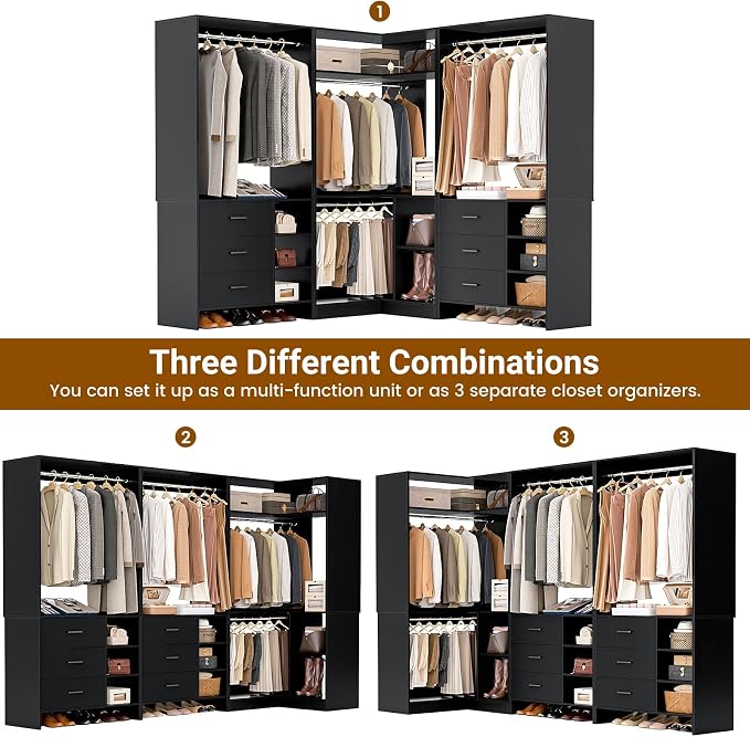 Aheaplus Closet System with 6 Drawers, 4 Hanging Rods & Corner Tower, Corner Closet System with Hanging,92.6" L-Shaped Walk-In Wardrobe Organizer, 2000+ lbs Capacity, Set of 3, Black - Image 3
