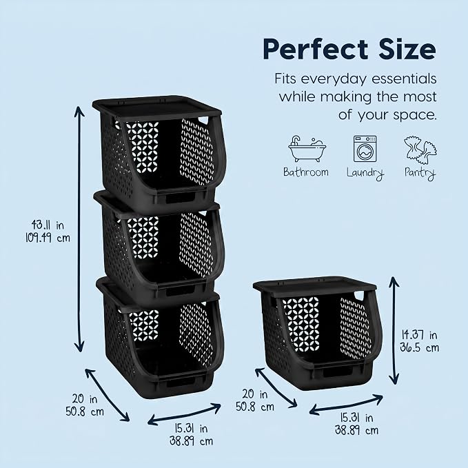 IRIS USA Laundry Basket Hamper, 40L - 3 Pack, Sorter Bin with Lids, Black | Stackable, Open Front, Built-In Handles, Ventilation, - Image 2