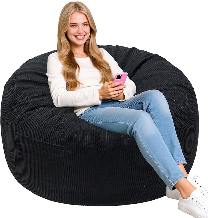 Lukeight Bean Bag Chair for Teens and Adults, Memory Foam Filled Floor Lounger, Washable Velvet Cover with Inner Liner, Beanbag Chair with Filling for Gaming and Reading, Black, XX-Large 36"D x 20"H by Lukeight