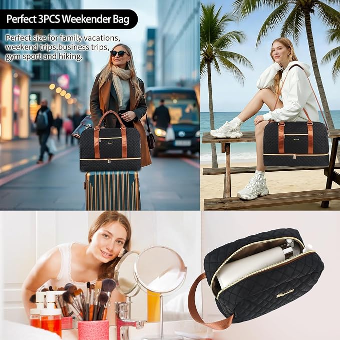 3PCS Weekender Bags for Women Large Overnight Bag, Black | Weekender Travel Duffel Bags Carry on Shoulder with Shoe Compartment Toiletry Bag Satchel Bag for Travelling Business Gym - Image 6