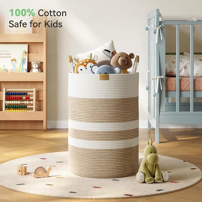 Nunsino 95L Striped Laundry Hamper with Leather Handles,Large Foldable Laundry Basket for Clothes,Cotton Rope Storage Bin for Blankets,Woven Clothes Basket for Bedroom,Beige Stripes - Image 3