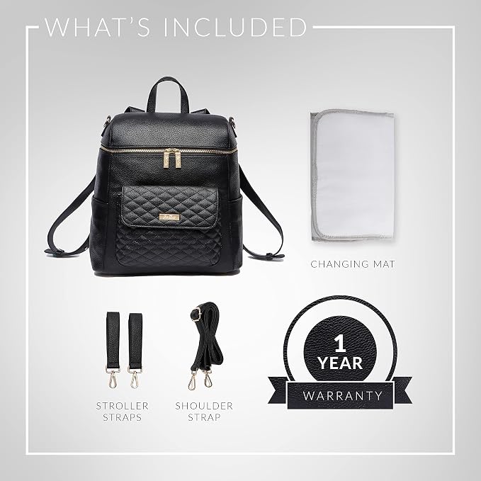 Monaco Large Diaper Bag Backpack by Luli Bebe - Designer Modern Vegan Leather Stylish Baby Diaper Bag for Mom, Multipurpose, Roomy, with Changing Pad and stroller straps (Ebony Black) - Image 8