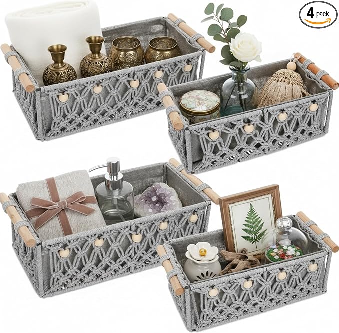 Vesici 4 Pcs Grey Macrame Storage Basket for Shelves 13 in 11 in Boho Storage Basket Hand Woven Boxes with Wood Handles Beads Decorative Countertop Toilet Tank Cabinet Organizer for Home Room Decor by Vesici
