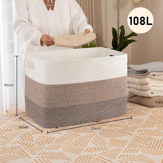 OIAHOMY 108L Extra Large Blanket Basket Dog Toy Basket radient Dark Brown | Rectangle Woven Baskets for Storage Cotton Rope Basket For Living Room Toy Storage Blanket Storage Laundry Basket - Image 2