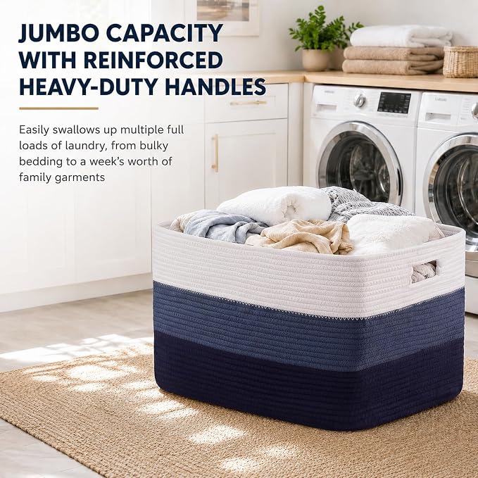 OIAHOMY Blanket Basket Laundry Basket Dog Toy Basket 75L Gradient Blue | Large Storage Basket,Baby Basket,Toy Storage,Woven Rope Basket for Blankets,Blanket Storage for Living Room - Image 6