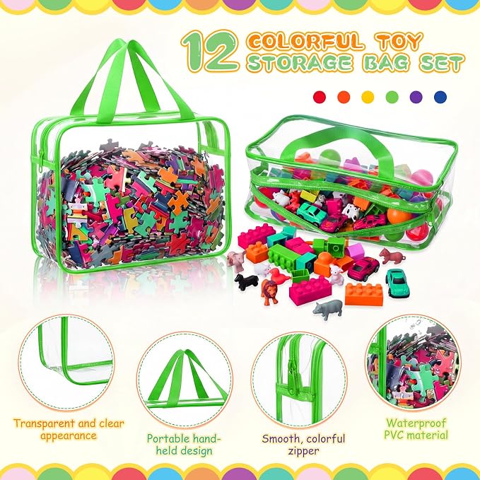 Shinylin 12 Packs Large Toy Storage Bags with Labels Clear PVC Toy Organizer with Zipper Colorful Classroom Storage Reusable Waterproof Organizer for Playroom School Blocks Game (Fresh Color) - Image 3