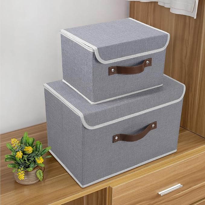 ANMINY Fabric Storage Box Bins with Lids, Gray, 13"x9"x7.9", 4 Pack | Keepsake Memory Storage, Cotton Linen, PP Board Reinforced, Washable, PU Handles, Foldable & Stackable, Decorative, Medium - Image 6