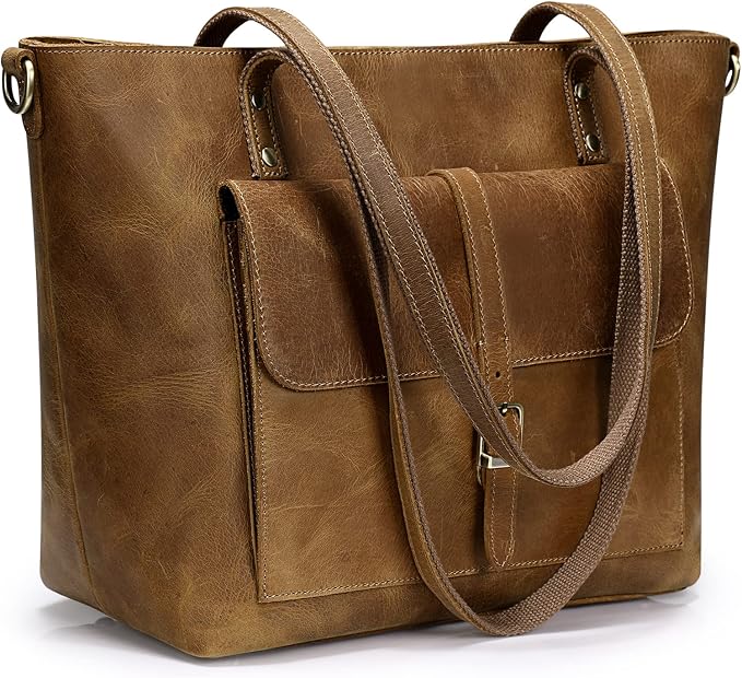 S-ZONE Women Vintage Genuine Leather Tote Bag Large Shoulder Purse Work | 14" Padded Laptop Compartment, Detachable Long Strap, Luggage Strap, Multi Pockets, Travel Everyday by S-ZONE