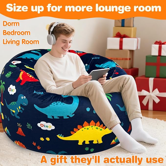 Lukeight Dinosaur Bean Bag Chair for Teens Adults, Memory Foam Filled Floor Lounger, Washable Velvet Cover with Inner Liner, Beanbag Chair with Filling for Gaming and Reading, XX-Large 36" D x 20" H - Image 5