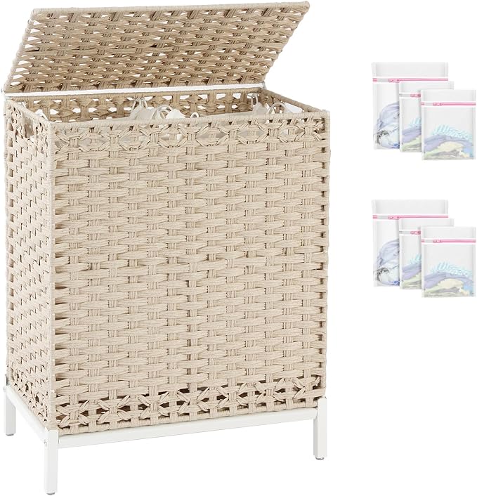 SETVSON Laundry Hamper with Lid, Wicker Laundry Basket, 112 L, Light Khaki | Handwoven PE Rattan, 2 Removable Liner Bags, Metal Heightened Feet, 6 Mesh Bags, Clothes Hamper for Bathroom Bedroom by SETVSON