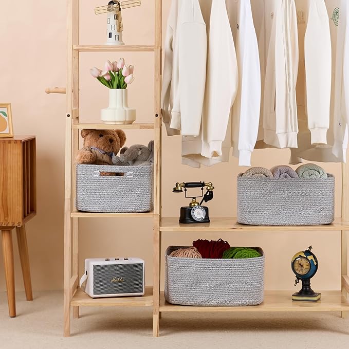 MiniArk Large Storage Baskets for Organizing, 17 x 13 x 7.5” Closet Shelf Baskets for Clothes Blanket Towels, Baby Nursery, Toy Bins Box, Woven Rope Baskets, 4 Packs Mixed Grey - Image 3