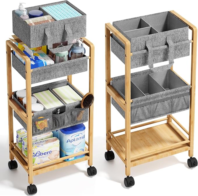 Bamboo Diaper Caddy Cart with Wheels - 3-Tier Rolling Storage，Light Grey | Removable bins, side pockets, sturdy handle, smooth wheels. For nursery, living room, laundry, pet. Natural bamboo, versatile by Unknown