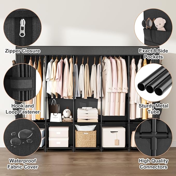 Portable Closet Storage, Portable Wardrobe Closet Organizer Clothes Rack wtih Cover, Hanging Rod, Storage Shelves and Side Pockets, Large Portable Closets for Hanging Clothes, Black - Image 4