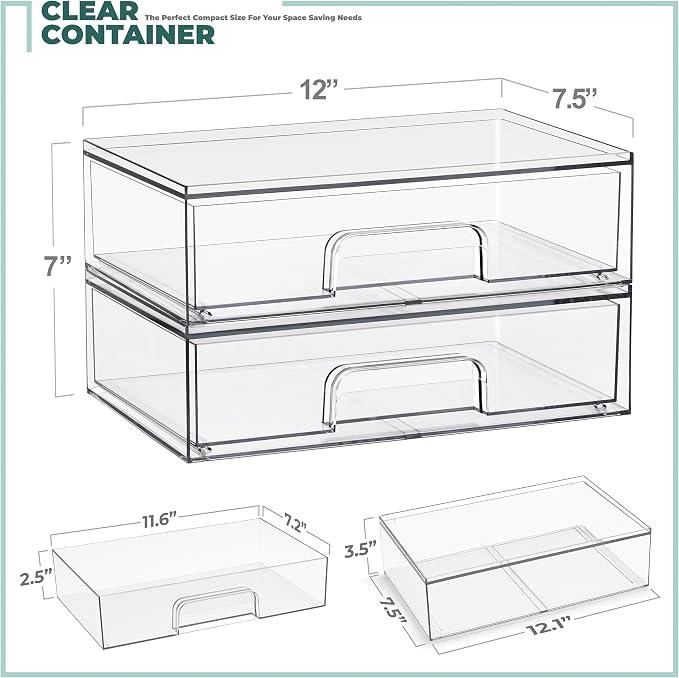 Sorbus Stackable Storage Drawers, Clear Acrylic Pull-Out Organizer (2 Pack) | Wide plastic bins hold baby bottles, cosmetics and bathroom supplies on countertops or inside cabinets and pantries. - Image 3