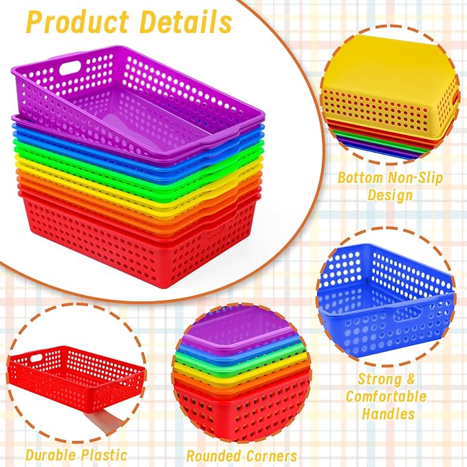 12 Pcs Plastic Classroom Storage Baskets Bulk 14 x 10 In Turn in Paper Tray for Classroom A4 Size Colorful Storage Organizer Bin with Handles Stackable Container for Playroom Home Office School Supply - Image 3