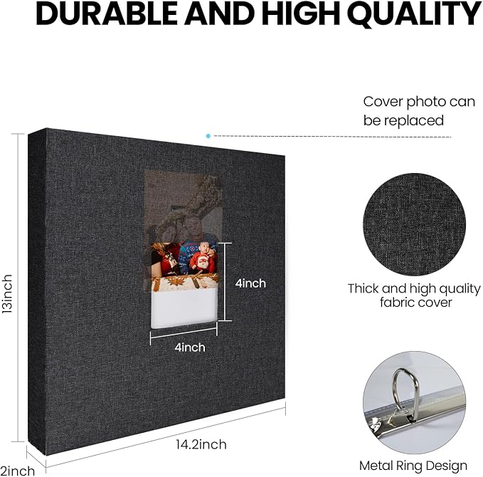 3 Ring Binder 12x12 Inch Large Scrapbook Photo Album, Linen Cover Scrap Book with 30 Plastic Sleeves 60 Pages 12 x 12 Scrapbooks White Pages for Wedding Couples Baby Travel Women kids (Black) - Image 6