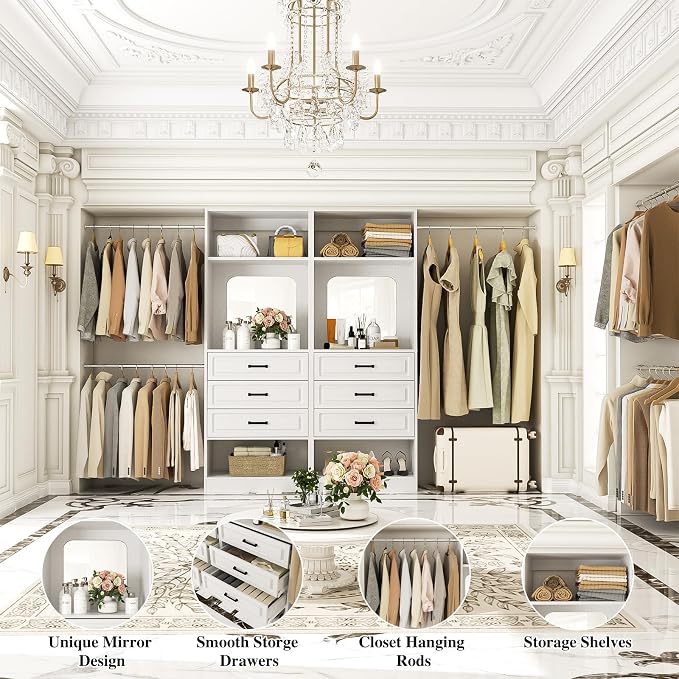Unikito 6-14FT Wood Closet System with 6 Drawers and Mirror, White | Sturdy walk-in organizer wardrobe for clothing, clothes rack with 3 hanging rods, freestanding garment storage tower. - Image 2